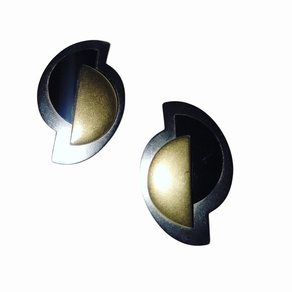 Monet Post Earrings Vintage Geometric Mixed Metal Modernist Brutalist Sculptural - Picture 6 of 13
